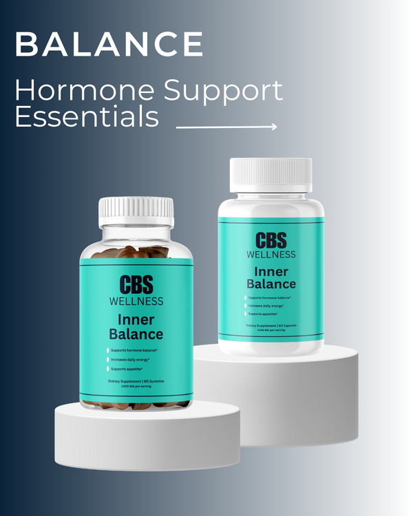 Two bottles of CBS Wellness Inner Balance on a gray background with 'Balance Hormone Support Essentials' text.