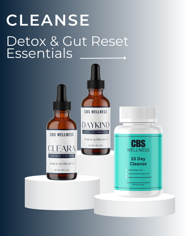Three wellness products on a bluish and white background with 'CLEANSE Detox & Gut Reset Essentials' text.