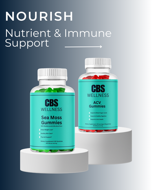 Two bottles of CBS Wellness gummies on a gray background with 'Nourish' text.